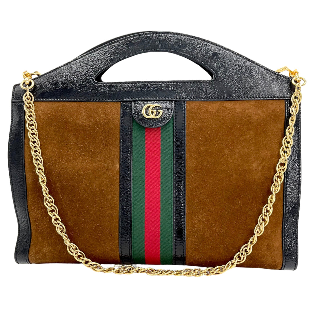 GUCCI Ophidia Medium Handle Bag in brown suede with black leather trim and gold chain strap featuring signature green-red-green stripe.