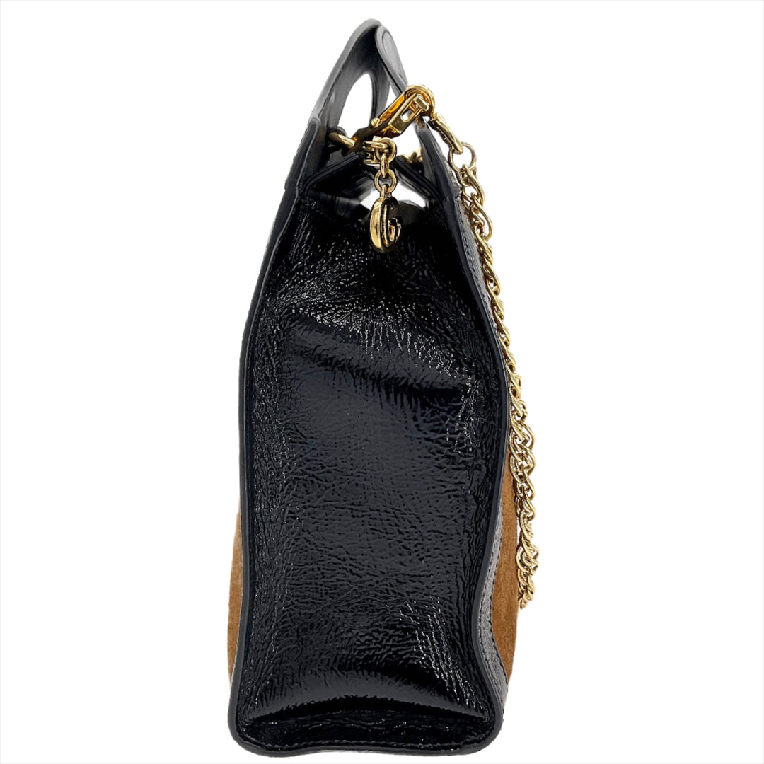 Side view of GUCCI Ophidia Handle Bag Suede Medium in black leather with gold chain detail