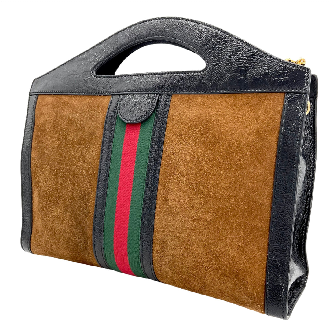GUCCI Ophidia Suede Medium Handle Bag with Black Trim and Green-Red Stripe