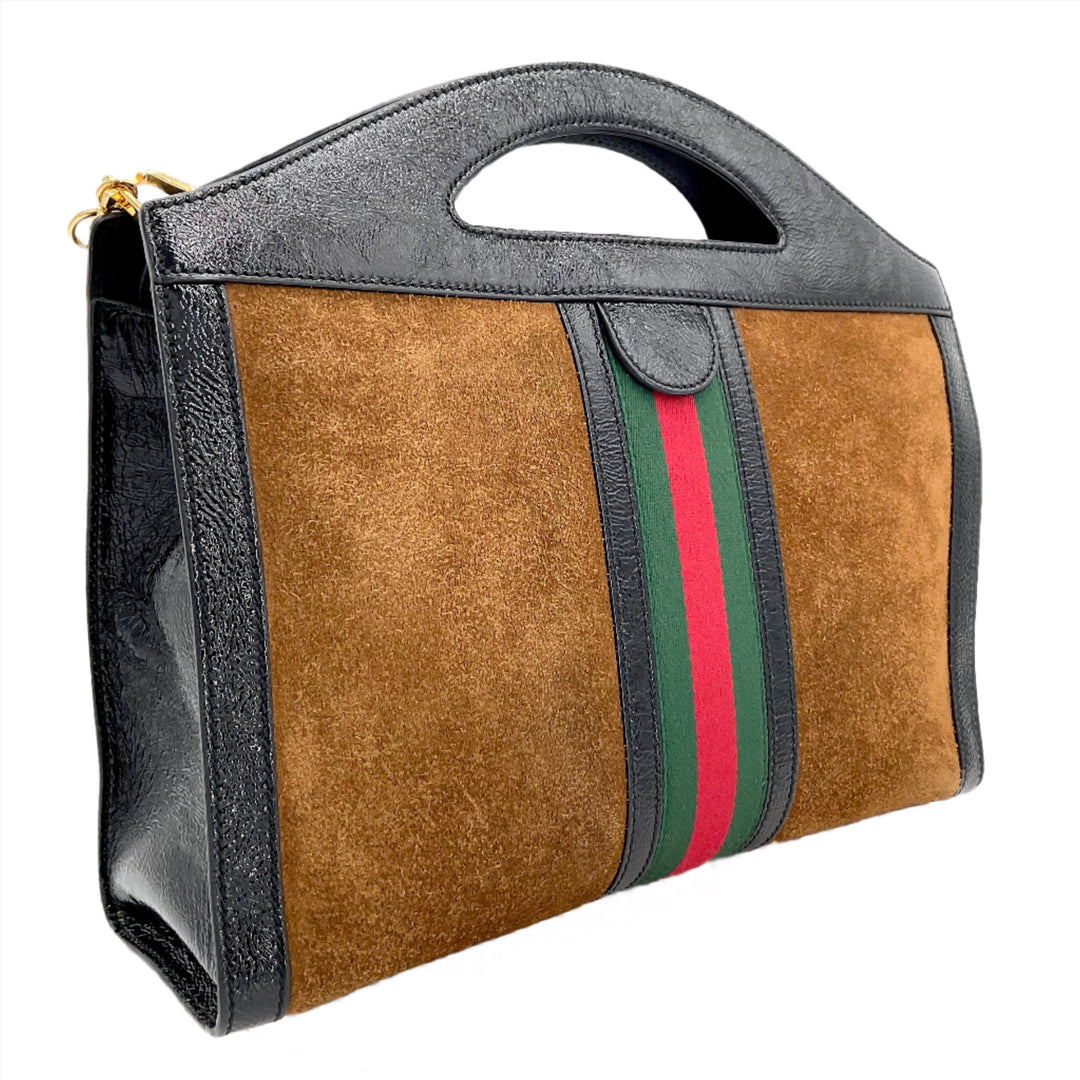GUCCI Ophidia Medium Handle Bag in brown suede with green and red stripe detail, featuring black leather trim.