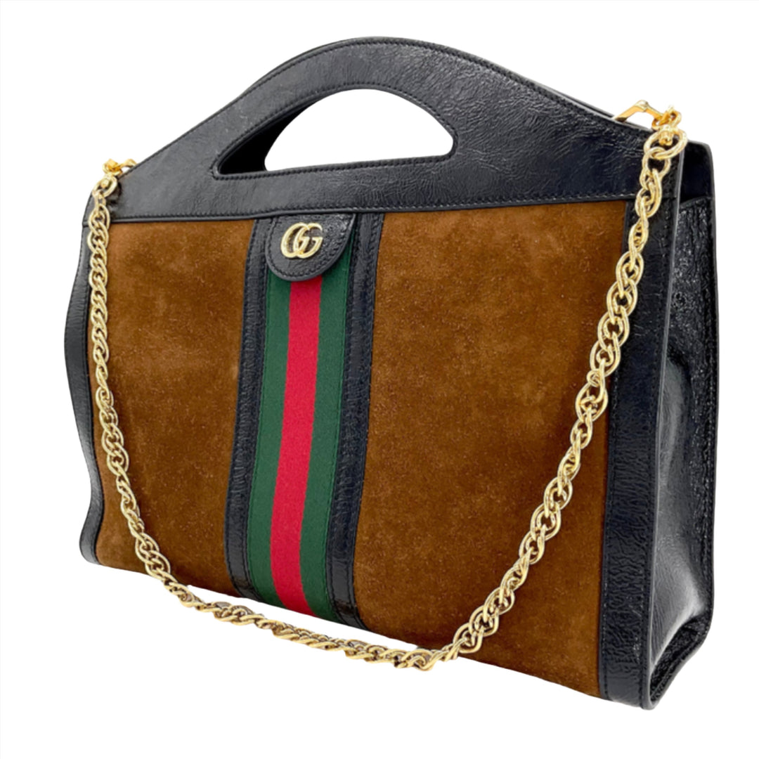 Gucci Ophidia Medium Handle Bag in brown suede with black leather accents and gold chain strap