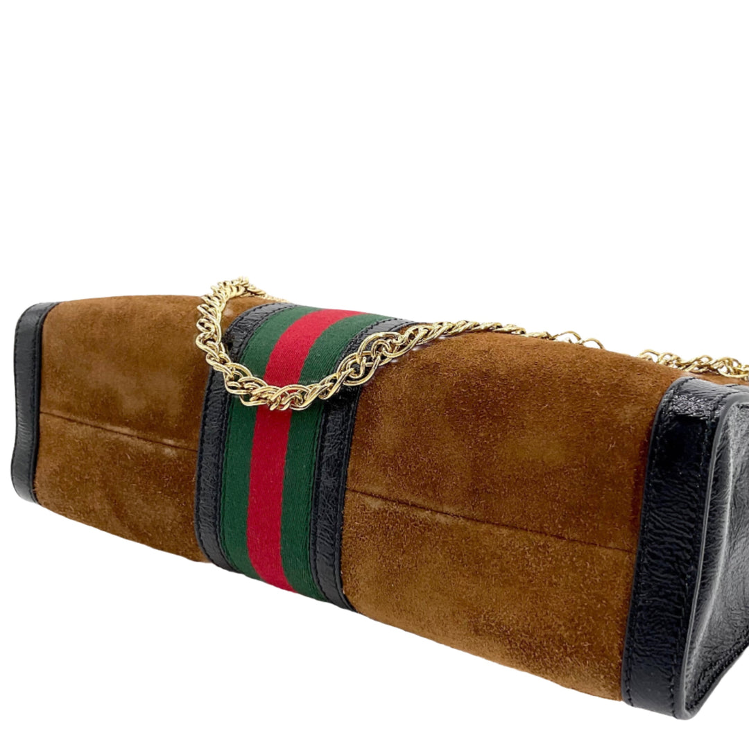 Gucci Ophidia Medium Handle Bag in brown suede with iconic green and red stripe detailing and gold chain handle.