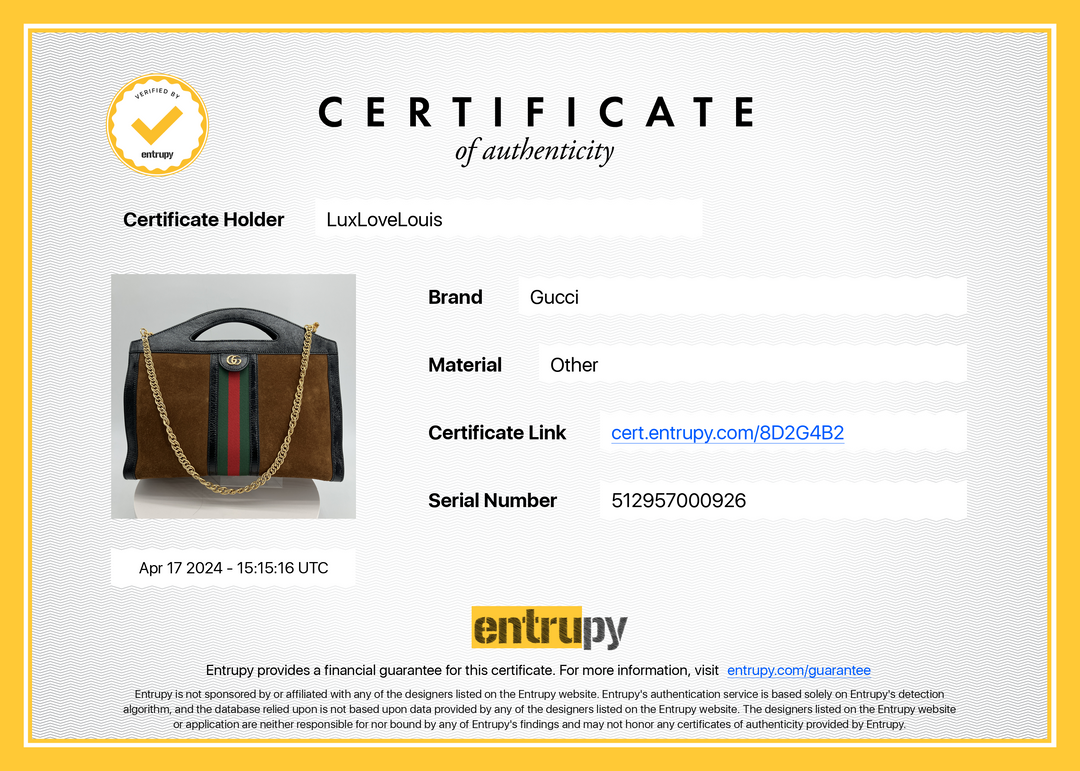 Certificate of Authenticity for Gucci Ophidia Handle Bag Suede Medium with serial number and certification details.