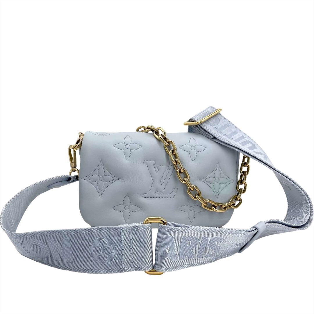 Louis Vuitton calfskin Bubblegram wallet on strap in ice blue with gold chain and monogram detailing