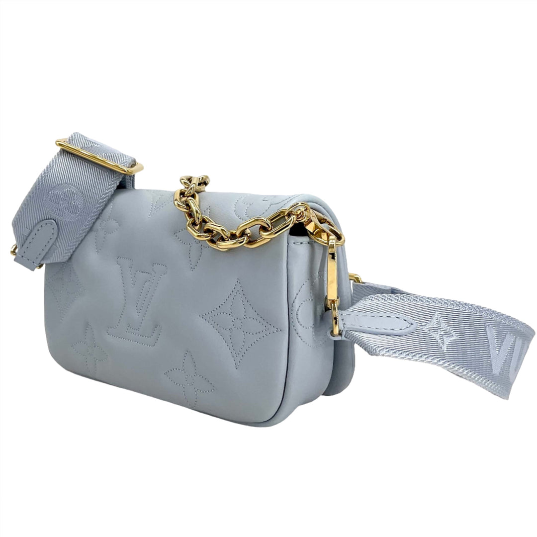 LOUIS VUITTON Calfskin Bubblegram Wallet On Strap in Ice Blue with gold chain and adjustable shoulder strap
