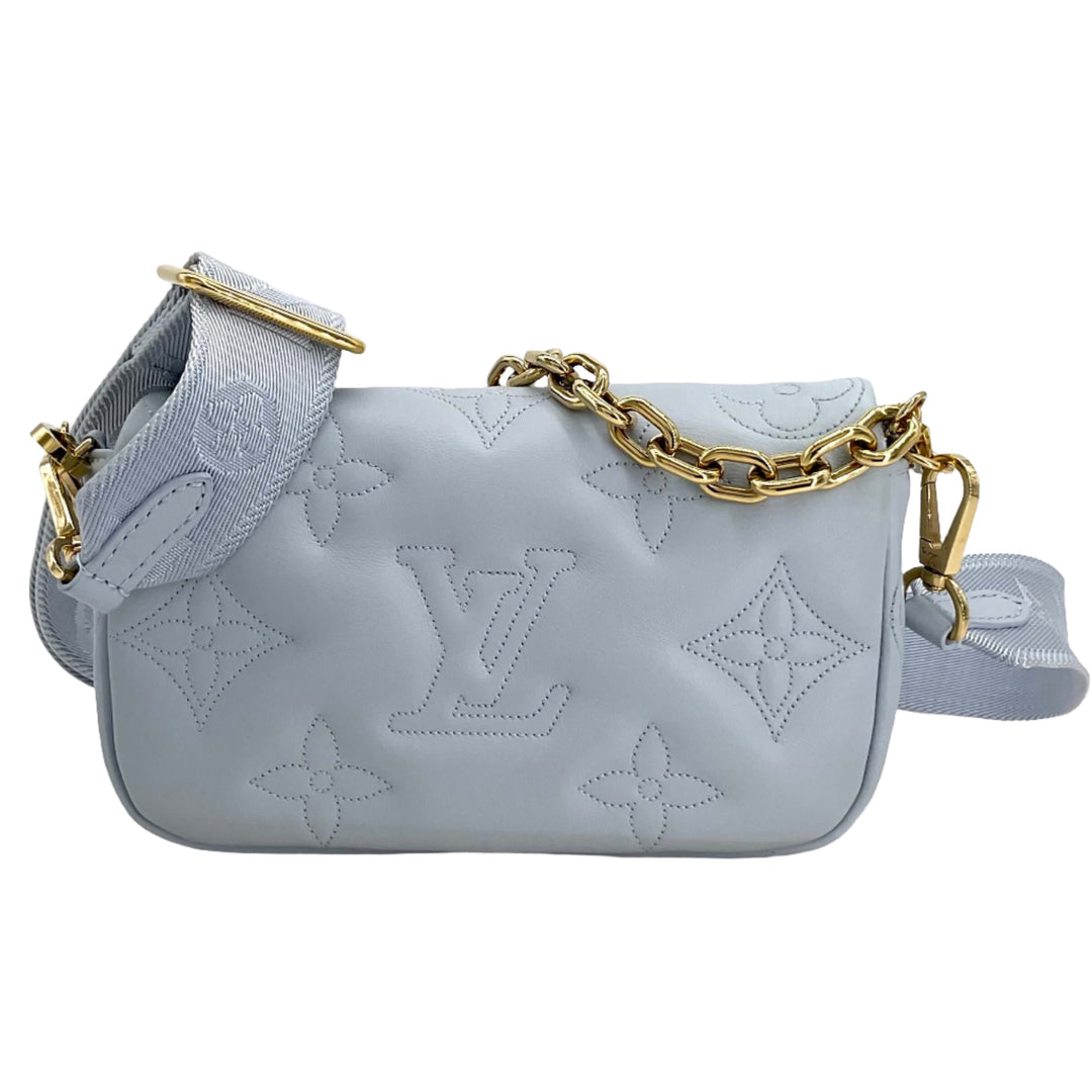 LOUIS VUITTON Calfskin Bubblegram Wallet On Strap in Ice Blue with Monogram and Gold Chain Detailing