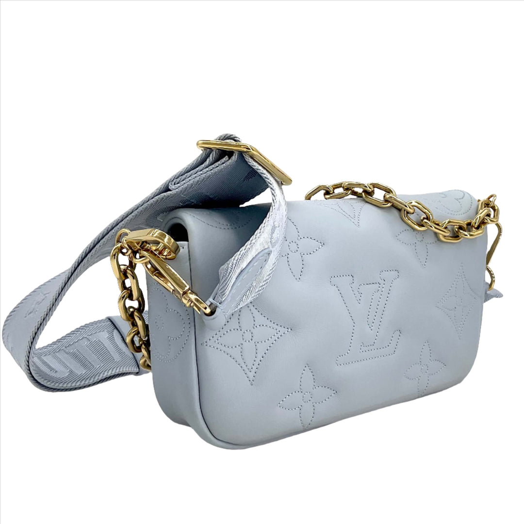 LOUIS VUITTON Calfskin Bubblegram Wallet On Strap in Ice Blue with Gold Chain and LV Monogram
