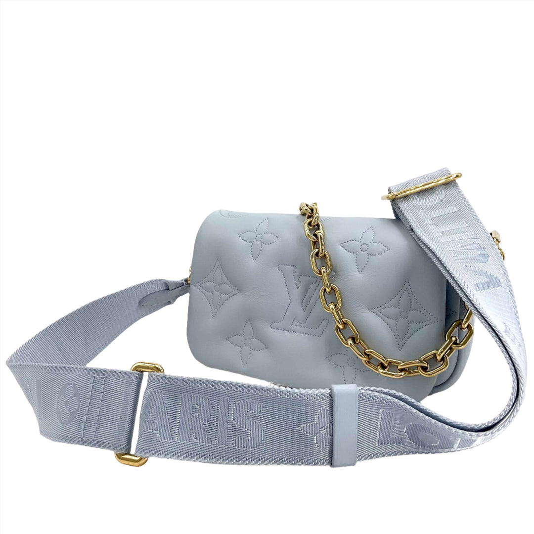 LOUIS VUITTON Calfskin Bubblegram Wallet On Strap in Ice Blue with Monogram Design and Gold Chain Strap