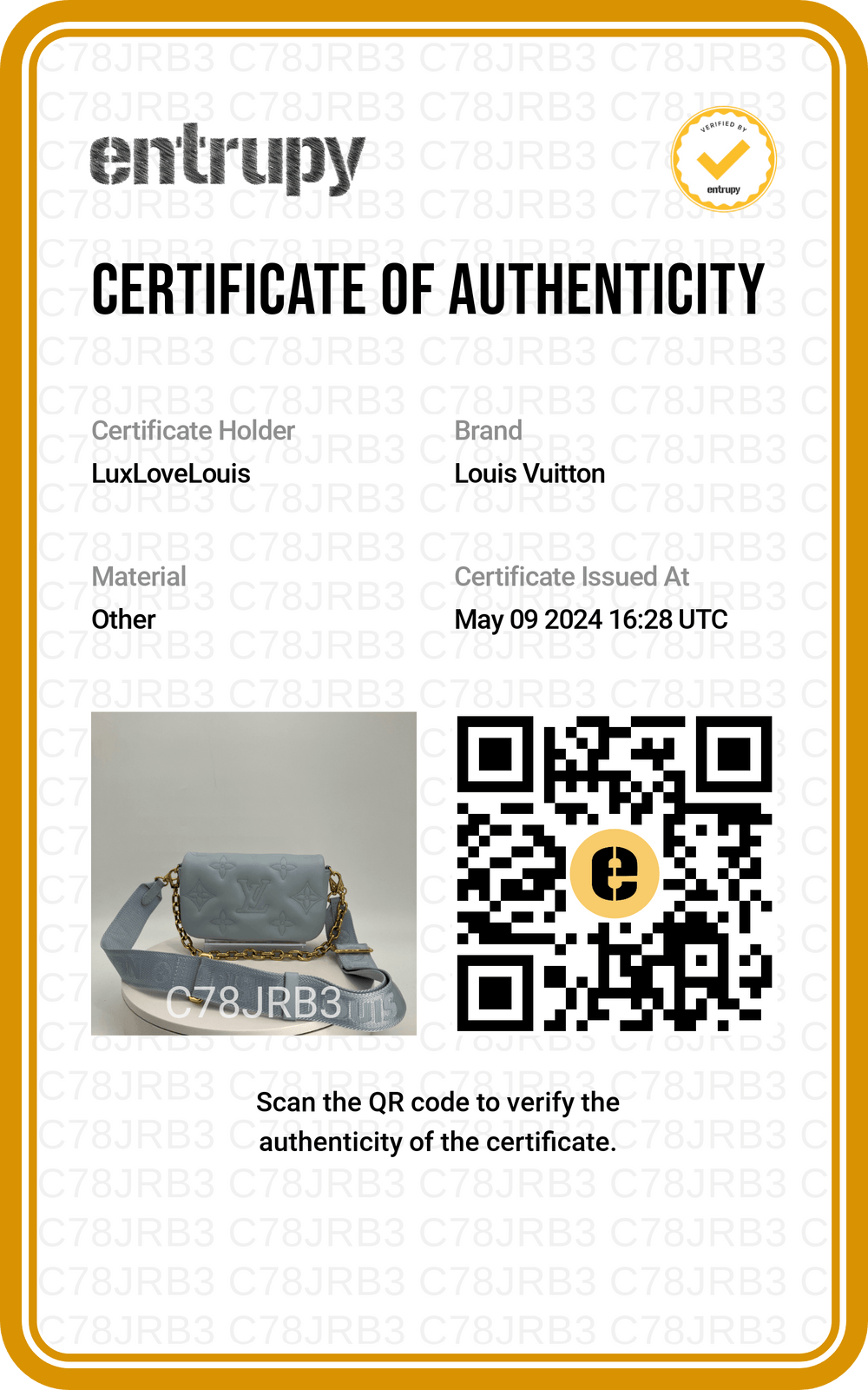Certificate of Authenticity for Louis Vuitton Calfskin Bubblegram Wallet On Strap in Ice Blue with verification QR code.