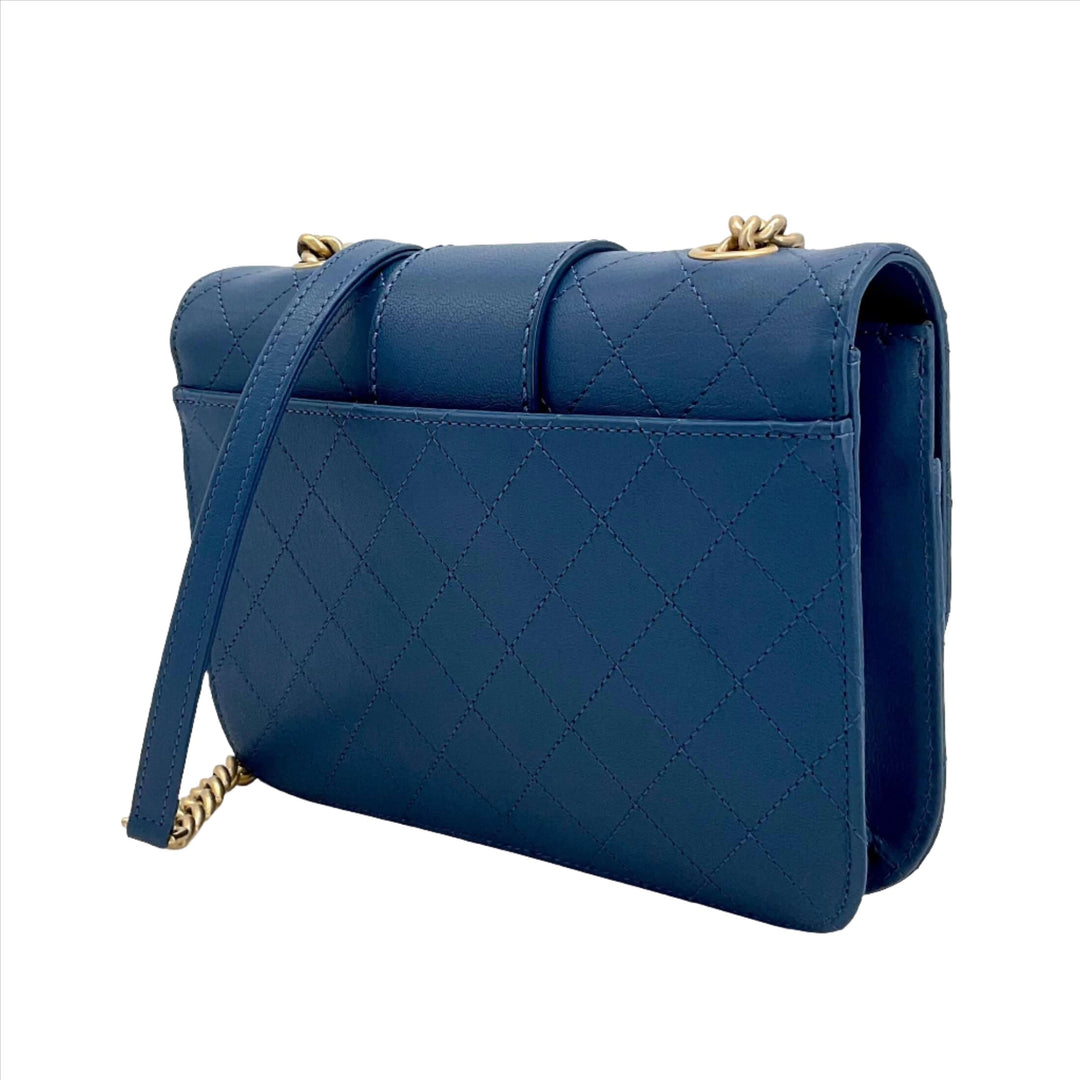 Chanel Mini Chain Front Classic Single Flap Bag in Blue with Quilted Design and Gold Chain Strap
