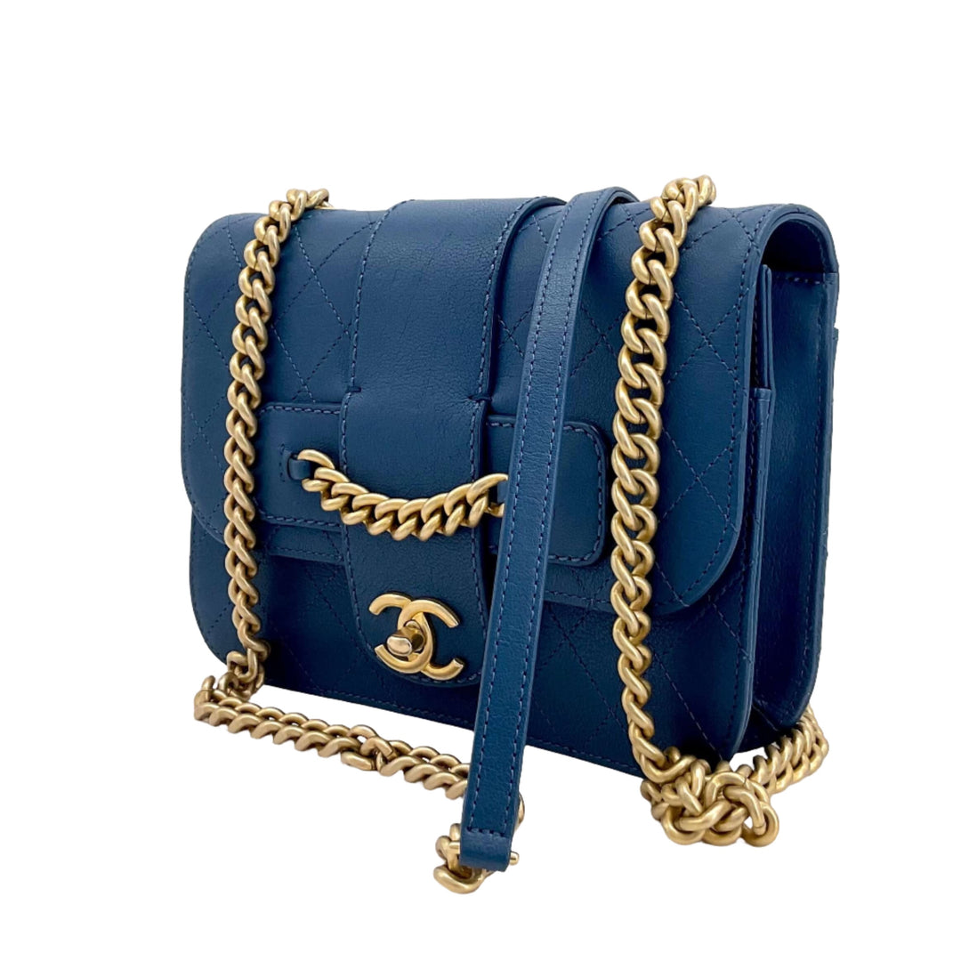 Chanel Mini Chain Front Classic Single Flap Bag in Blue with Gold Chain Detailing and Iconic Logo
