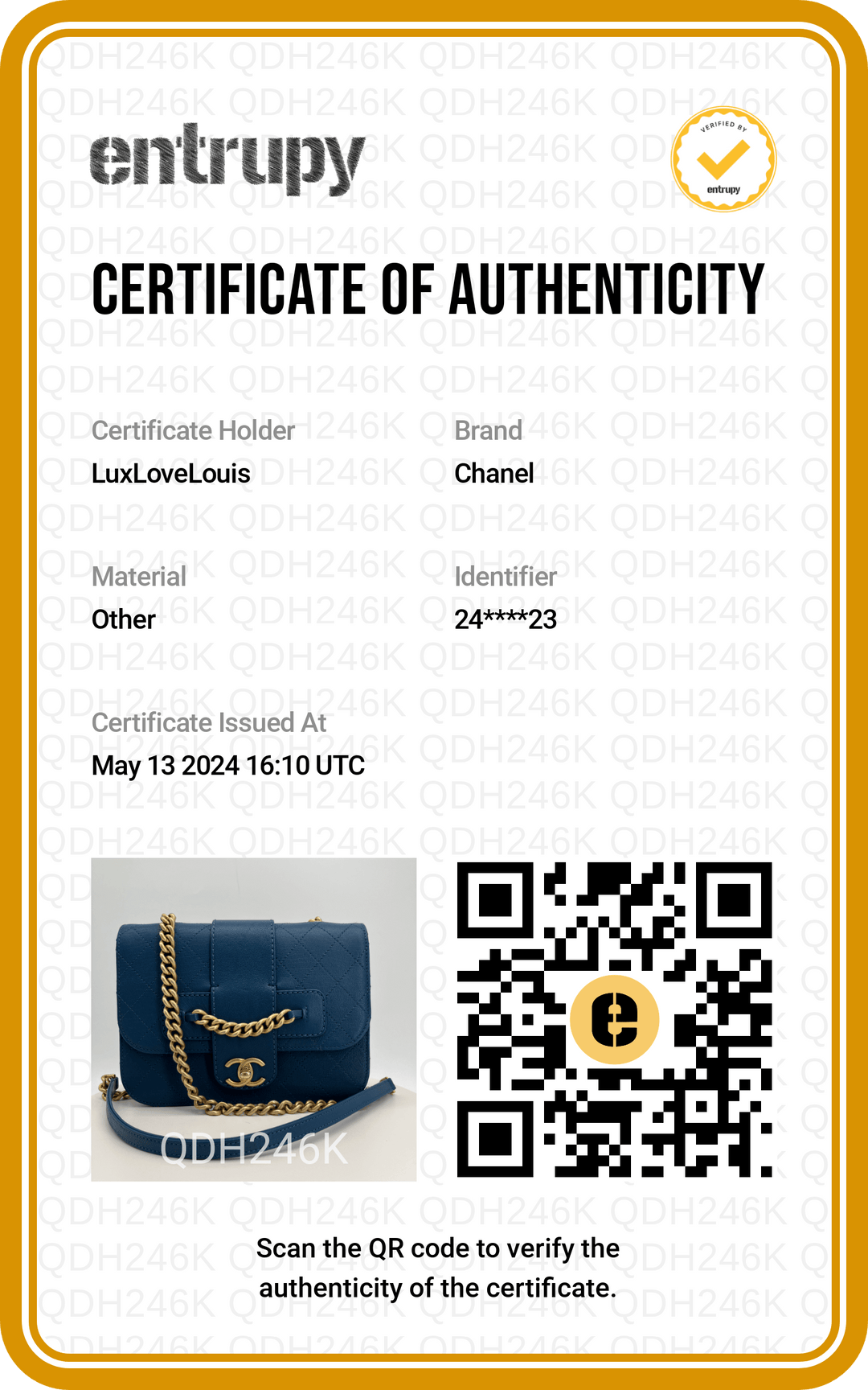 Chanel Mini Chain Front Classic Single Flap Bag in Blue Certificate of Authenticity with QR code showing product authenticity details