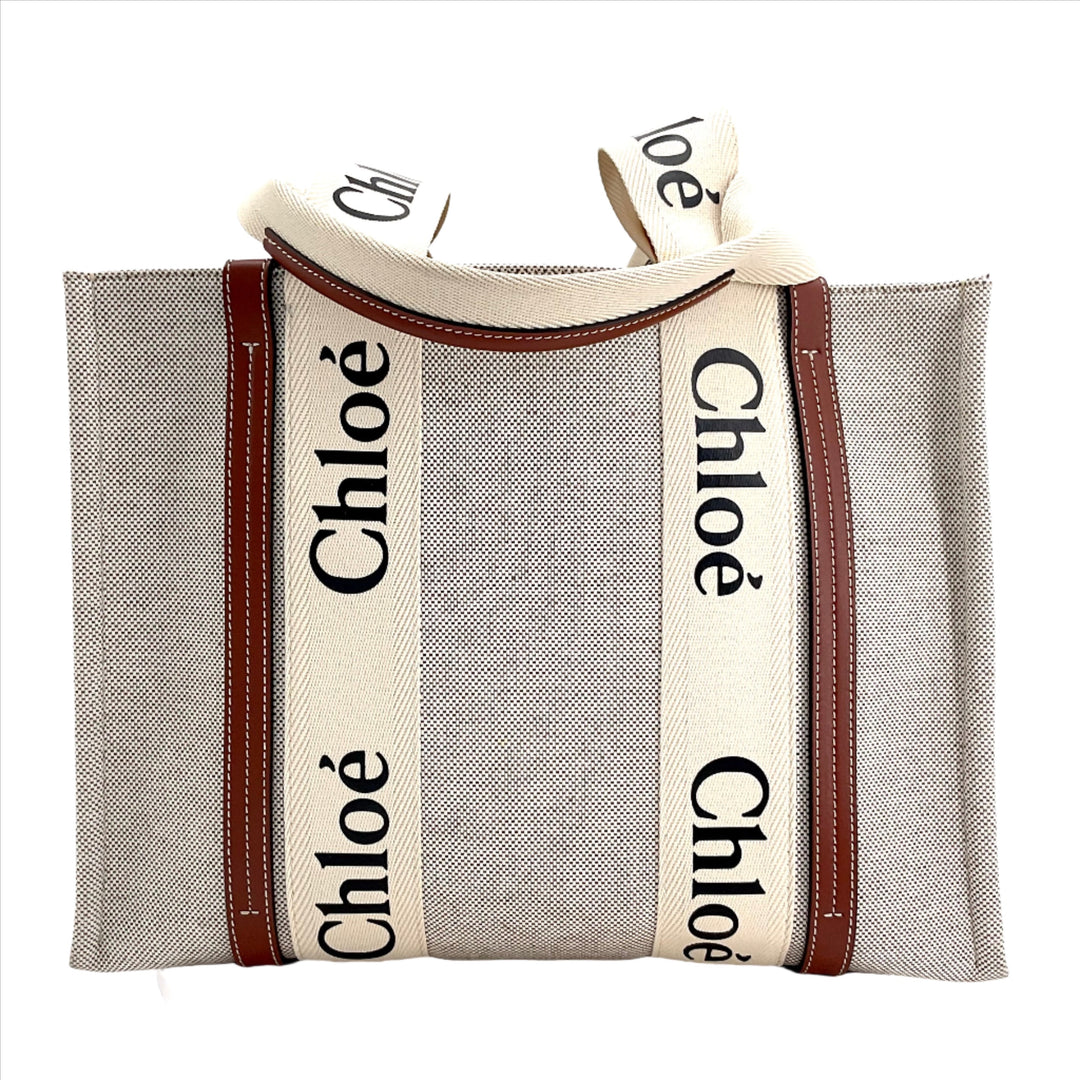 Chloe Medium Woody Tote Bag - Stylish beige and brown tote with logo print and leather accents