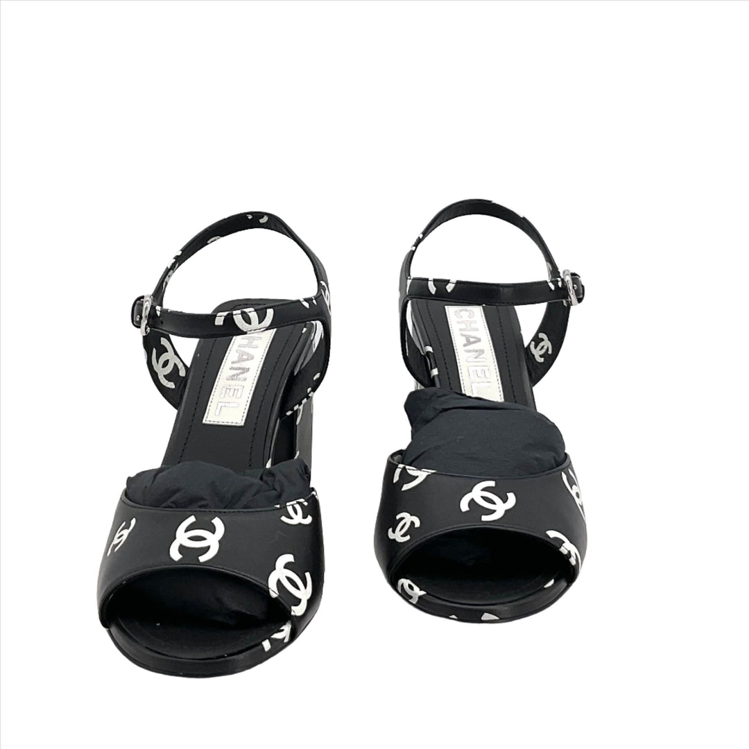 Chanel Black Printed Lambskin CC Sandals Size 36 with White Logo Pattern