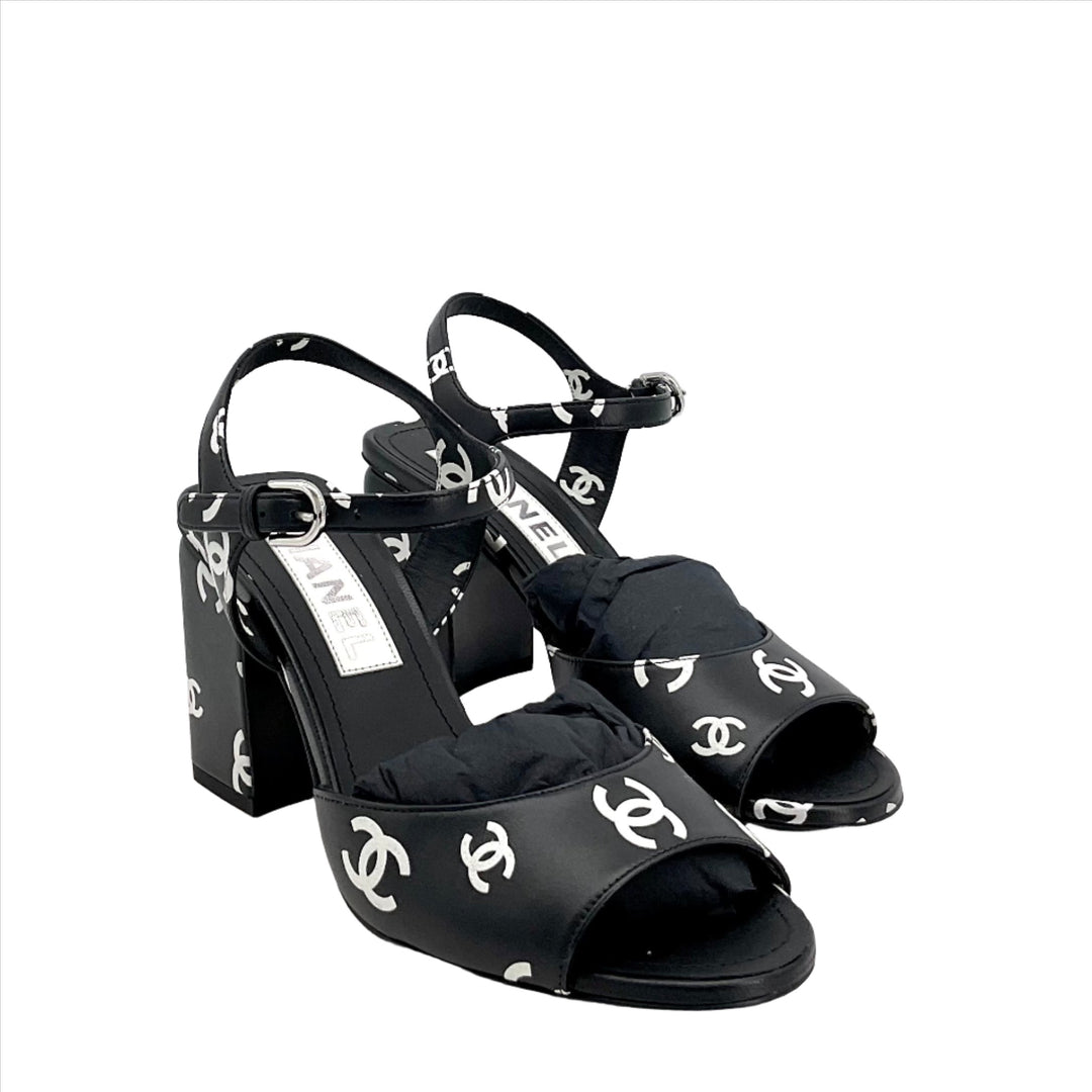 Black CHANEL Printed Lambskin CC Sandals Size 36 with block heels and ankle straps