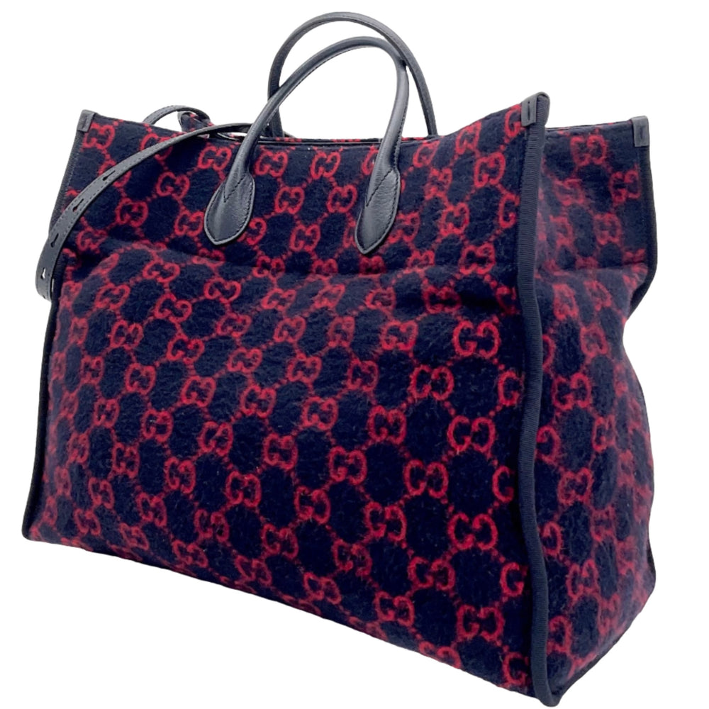 Gucci GG Monogram Large Tote Bag in Navy and Red Wool Textured Dollar Calfskin
