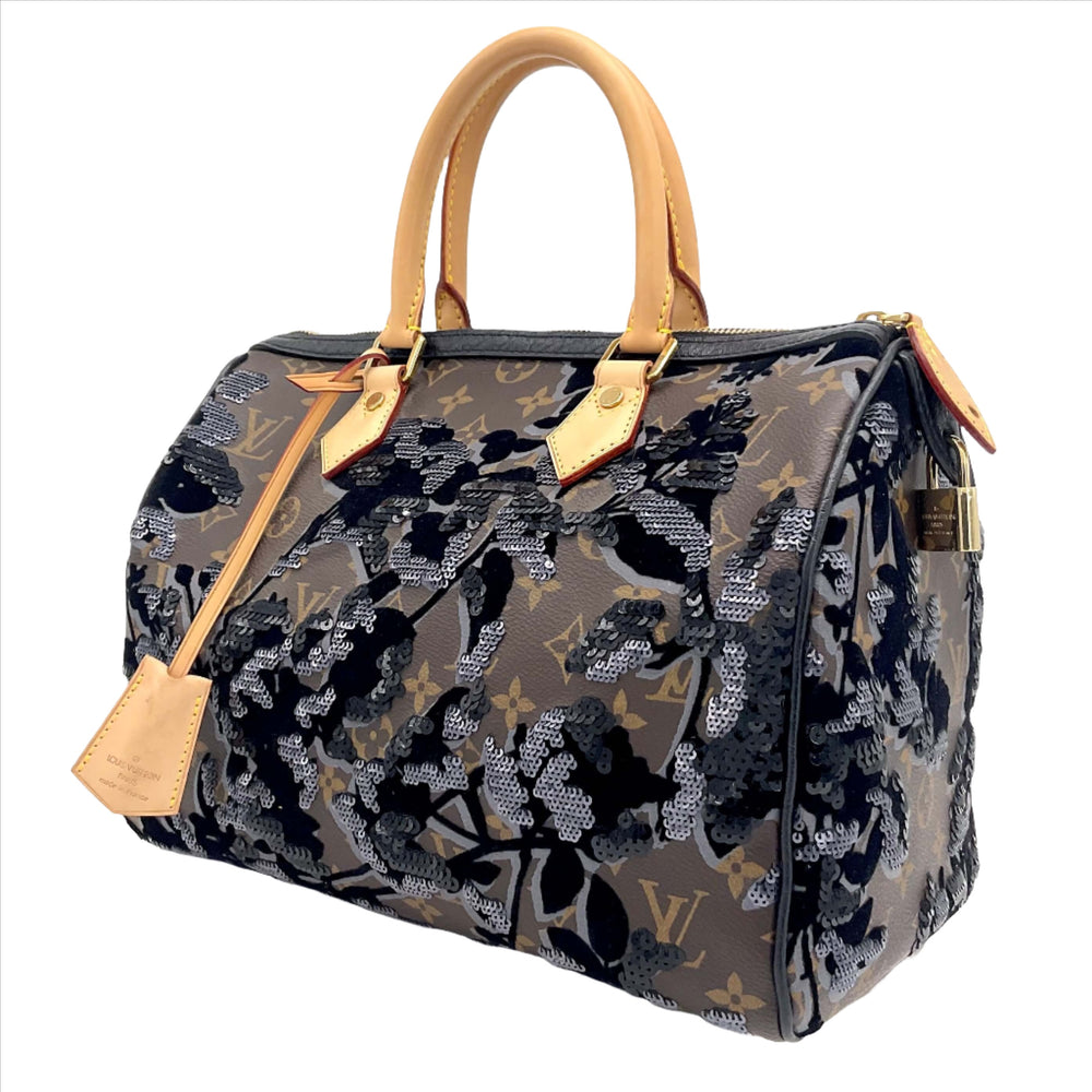 Louis Vuitton Speedy 30 Monogram Fleur De Jais sequins handbag with tan leather handles