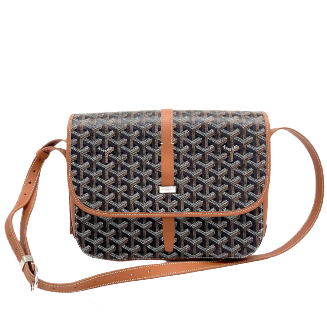 GOYARD Belvedere II MM Messenger in Black Gold with brown leather strap and signature pattern.