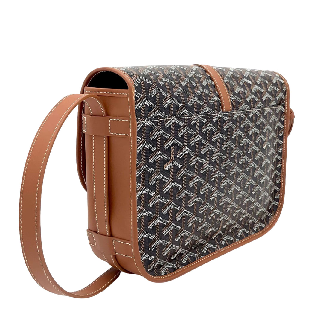 GOYARD Belvedere II MM Messenger Bag in Black and Gold with signature pattern and tan leather strap.